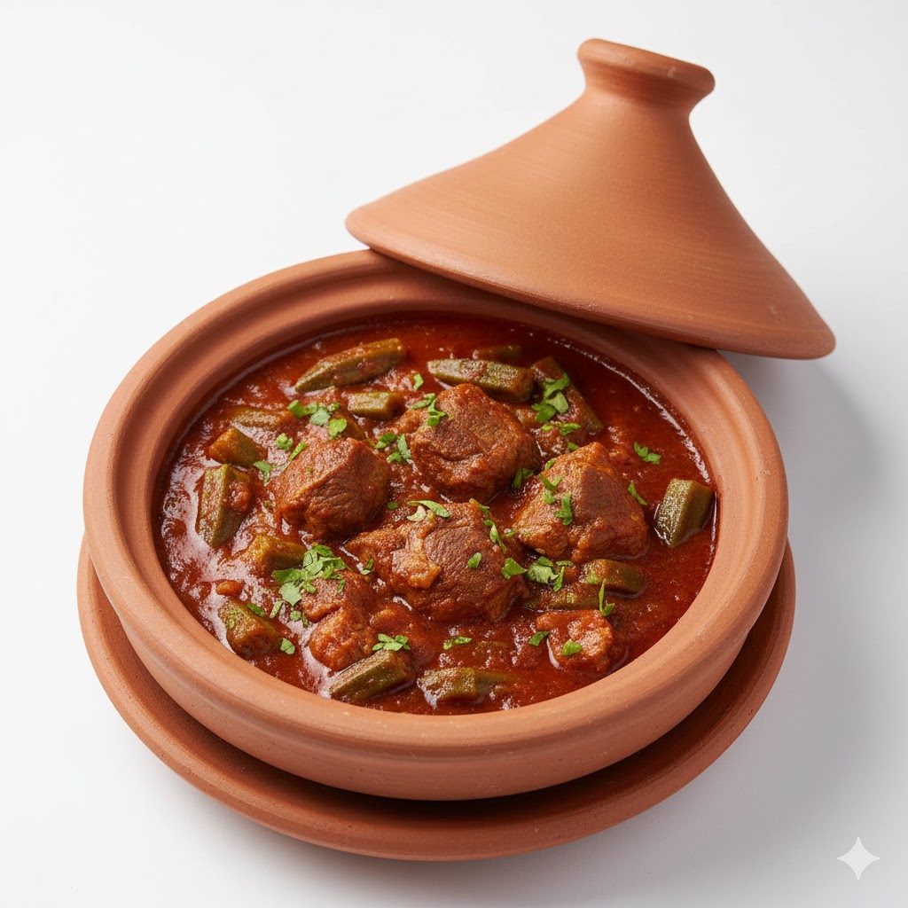 طاجن بامية باللحمة من قوطه للمشويات لحمة طرية وبامية طازجة مطهية في طاجن فخار مع صوص أحمر وتوابل شرقية تمنحك طعمًا بيتيًا غنيًا ودسمًا.