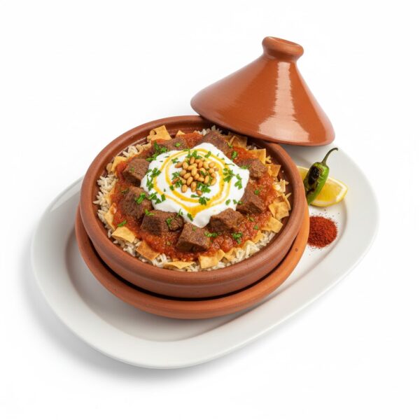 طاجن فتة لحمة غني بصوص الفتة وقطع اللحمة الطرية مع عيش محمّر وأرز مفلفل بطعم بيتي أصيل.