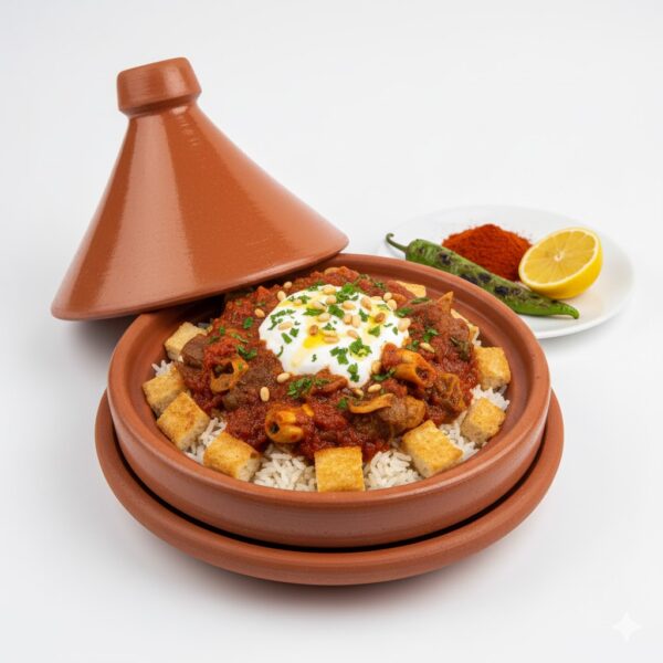 طاجن فتة كوارع بطعم مصري أصيل، كوارع طرية مع صوص الفتة والعيش المحمّر داخل طاجن فخار يحافظ على النكهة.