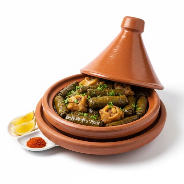 طاجن ورق عنب بالكوارع بتتبيلة غنية وقطع كوارع طرية داخل طاجن فخار يقدم نكهة مصرية أصيلة ولذيذة.