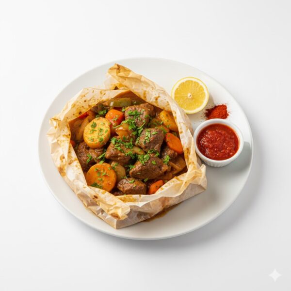 ورقة لحمة متبلة ومشوية مع خضار وصوص طبيعي، بطعم بيتي أصيل ونكهة شرقية غنية.