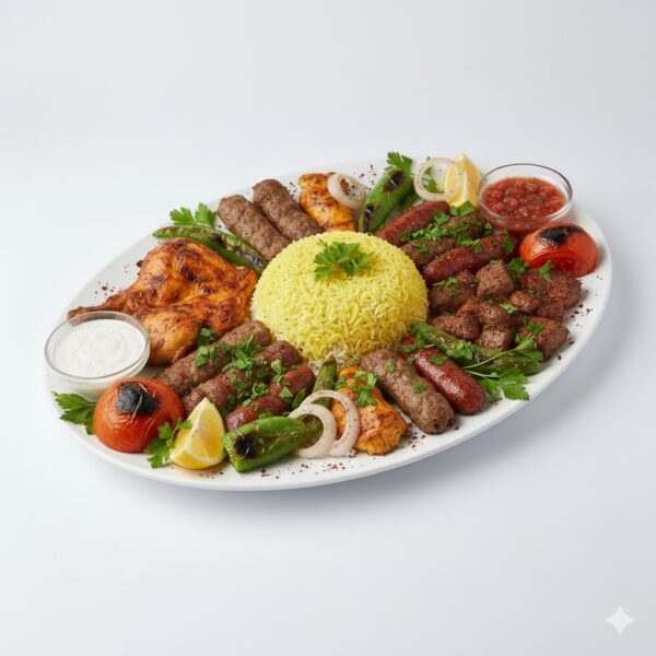 وجبة مشويات متنوعة تضم 2 كفتة و2 كبده و2 سجق وقطعة فليه مع أرز بسمتي مفلفل، نكهة شرقية غنية ومشبّعة.