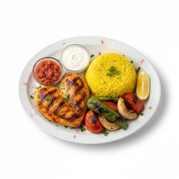 وجبة متكاملة من ربع صدر مشوي على الفحم مع أرز متبل وخضار طازجة من مطعم قوطه للمشويات. نكهة شرقية لذيذة وشواء أصلي.