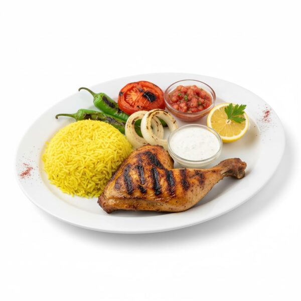 وجبة ربع ورك مشوي مع أرز وخضار طازج من مطعم قوطه للمشويات، طعم ممتاز ووجبة متوازنة تشبعك وتناسب جميع الأذواق.