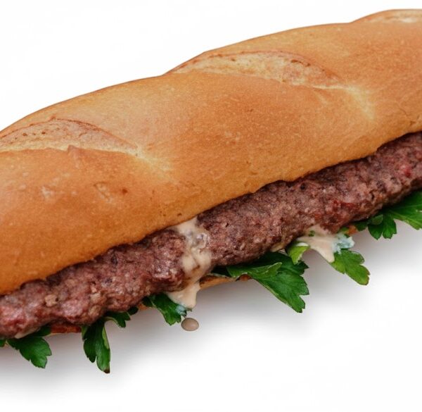 سندوتش كفتة مشوية على الفحم من مطعم قوطه للمشويات، بطعم غني وتتبيلة مميزة داخل عيش طازج. وجبة سريعة وشهية لعشاق المشويات.