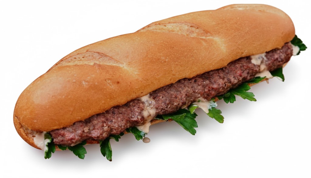 سندوتش كفتة مشوية على الفحم من مطعم قوطه للمشويات، بطعم غني وتتبيلة مميزة داخل عيش طازج. وجبة سريعة وشهية لعشاق المشويات.