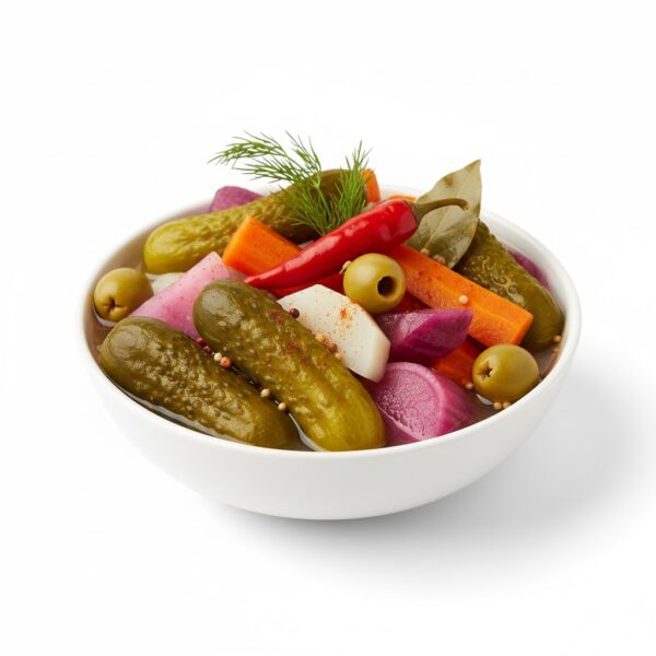 مخلل متنوّع وطازج من مطعم قوطه للمشويات بدمياط، مُحضّر بعناية من خضروات مختارة بطعم حامض متوازن وقرمشة مميزة، مثالي مع المشويات والسندوتشات.