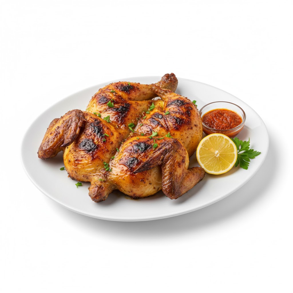 فرخة مشوية كاملة على الفحم بنكهة مدخنة وتتبيلة لذيذة، يقدمها قوطه للمشويات بملمس طري وطعم أصيل يرضي عشاق الدجاج المشوي.