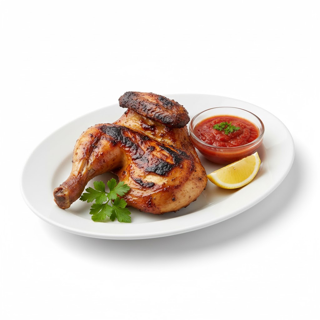نصف فرخة طازجة مشوية على الفحم بتتبيلة شهية ونكهة مدخنة غنية، يقدّمها قوطه للمشويات بقوام طري وطعم أصيل يناسب عشاق الدجاج المشوي.