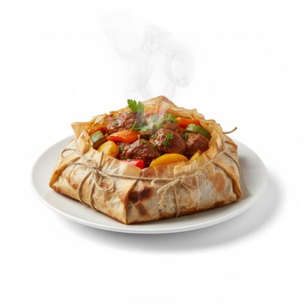 ورقة لحم بالخضار من مطعم الكيلاني للمشويات طبق رئيسي متكامل يُحضَّر من لحم طري وخضار طازجة داخل ورق الطهي، ويُقدَّم مع أرز أبيض مفلفل وشوربة ساخنة، بطعم بيتي غني ومشبع يناسب الغداء والعشاء.