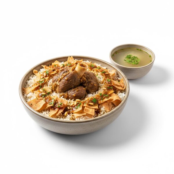 موزة فتة بالخل والثوم من مطعم الكيلاني للمشويات طبق رئيسي غني بالنكهة، موزة طرية مع أرز وخبز مفلفل وصلصة خل وثوم، يُقدَّم مع شوربة ساخنة لتصبح وجبة متكاملة ومشبعة بطعم أصيل.