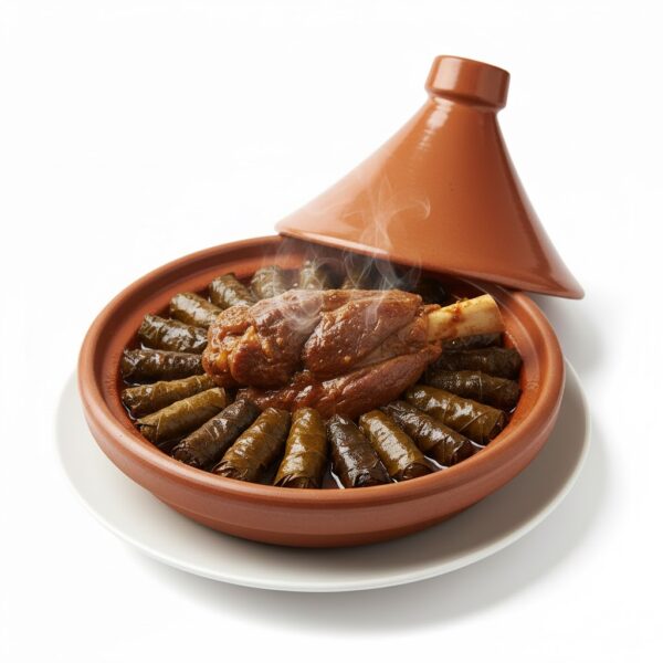 موزة طاجن بورق العنب من مطعم الكيلاني للمشويات طبق رئيسي غني بالنكهة، موزة طرية مطهوة مع ورق عنب طازج وتوابل مصرية أصلية، يُقدَّم مع أرز وخضار لوجبة متكاملة ومشبعة.