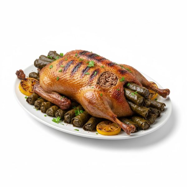 بط دمياطي محشي ورق عنب من مطعم الكيلاني للمشويات طبق رئيسي تقليدي يجمع بين البط الطري وحشوة ورق العنب المتبلة بعناية، يُقدَّم مع أرز أبيض وشوربة لوجبة مشبعة بطعم مصري أصيل.